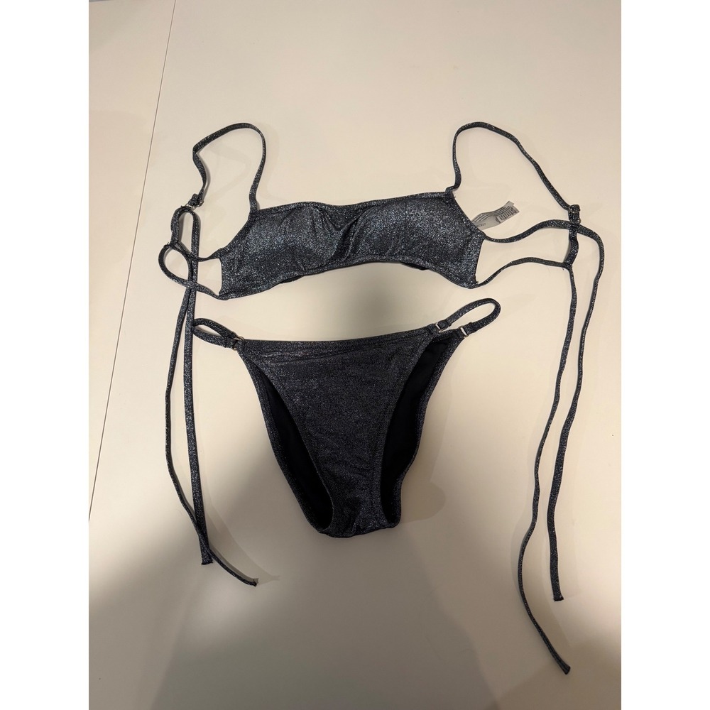 Victorias Secret Metallic Shimmer Bikini Set Silver Charcoal Grey Two Piece L